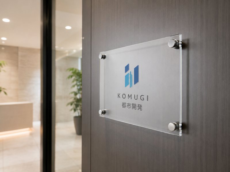 会社のエントランスドアに設置した社名入りアクリルプレート