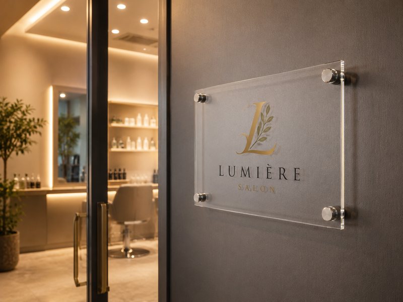 サロンの入口に設置した店名入りアクリルプレート